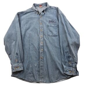 Union Line Denim Shirt Mens XL Blue Faded Jean‎ Long Sleeve Carpenters Logo USA